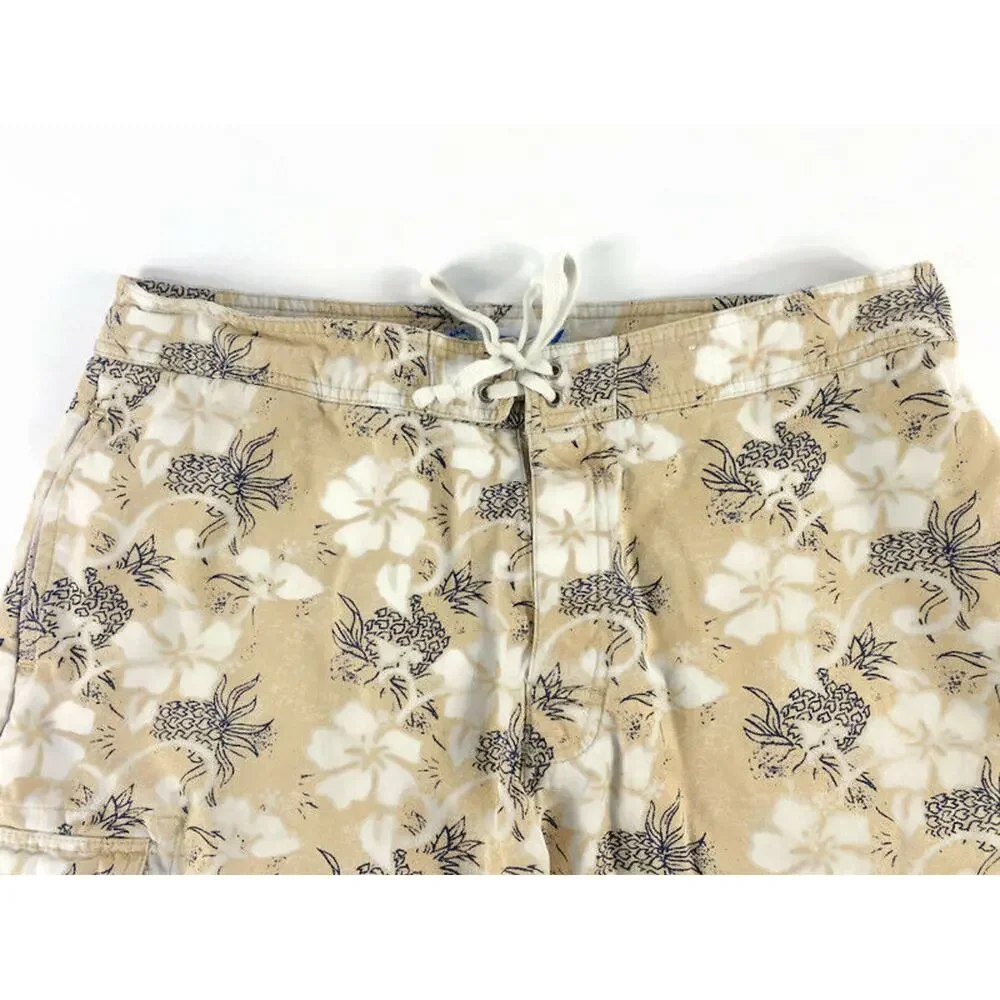 Utility Board Shorts Swim Trunks Men's Size 36 Cotton White and Tan Flowers